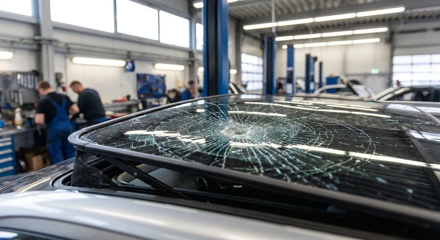 Shattered sunroof glass awaiting replacement in Mobile, AL