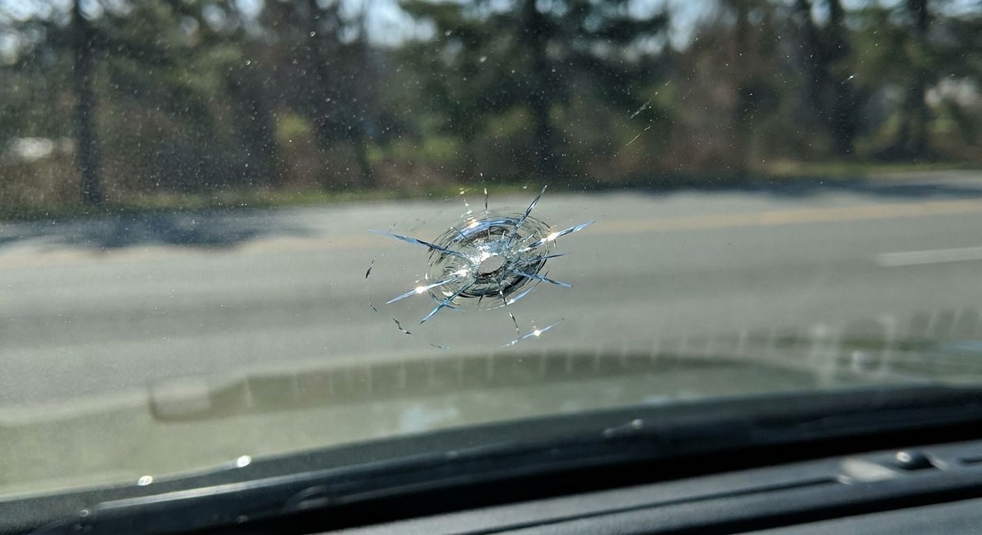 Star-break rock chip in a windshield picked up on a Mobile, AL highway