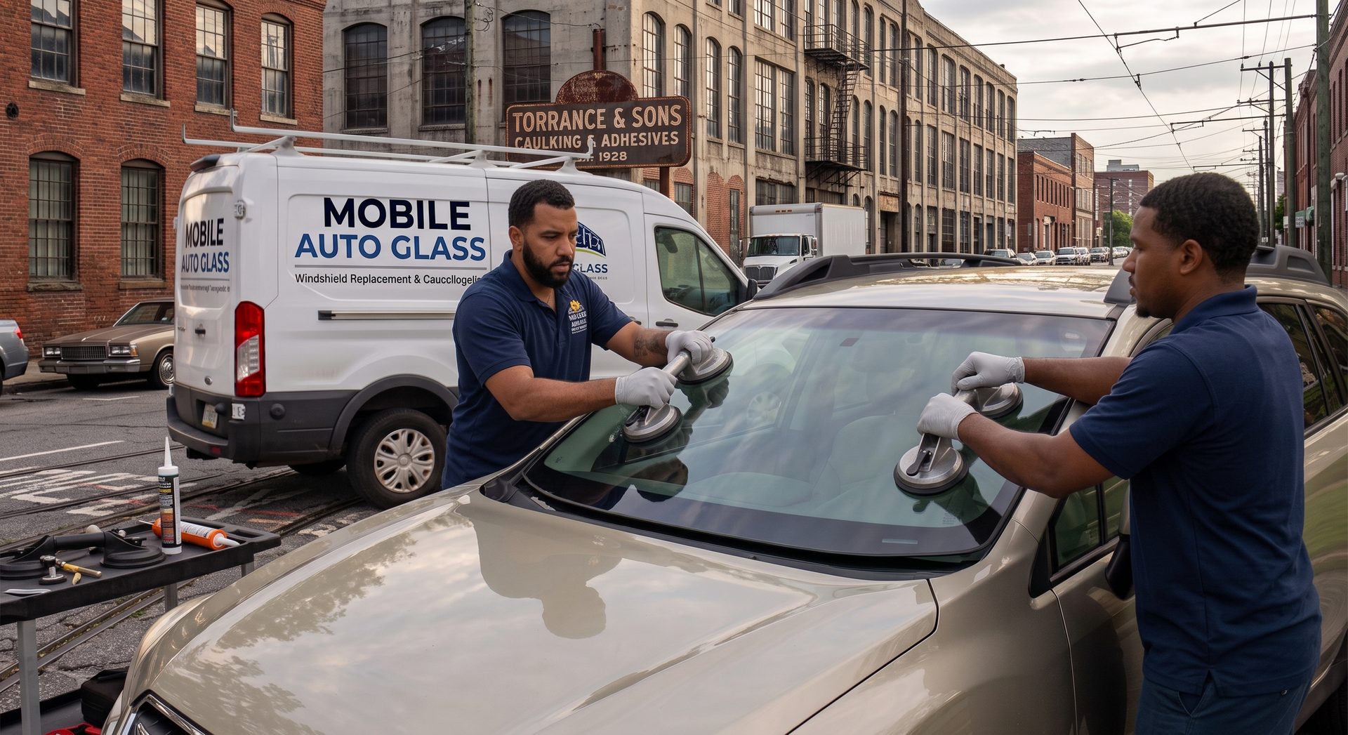 Windshield being set before ADAS camera recalibration in Mobile, AL